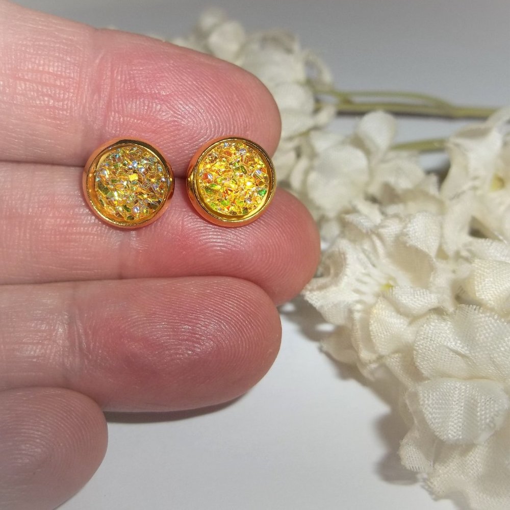 Earring Set Yellow and Gold Druzy Style Post Stud Small Minimalist Jewelry A148 - Picture 5 of 7